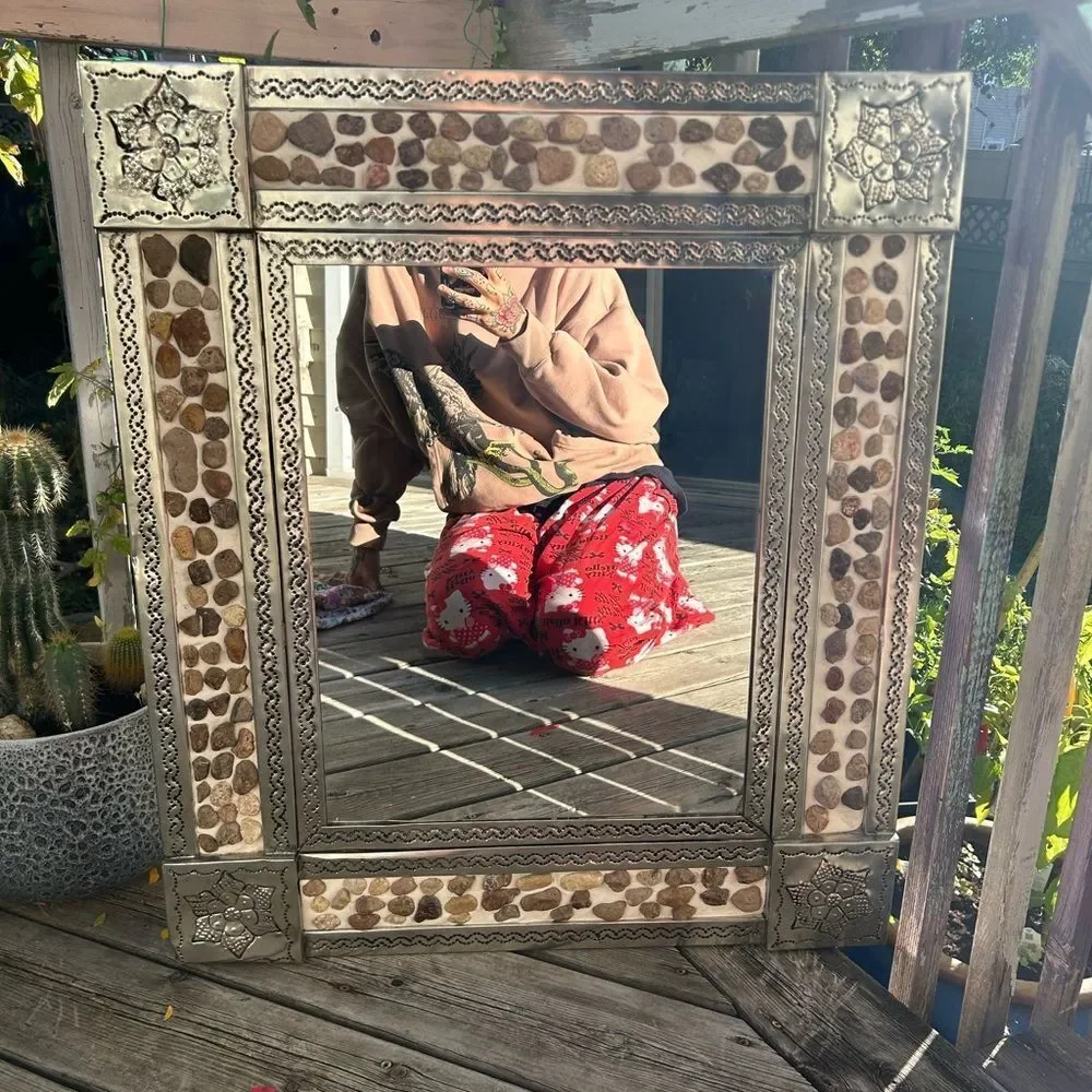 Mexican Tin Mirror Handcrafted - Rocks & Flowers 29" x 25" - Picture 5 of 16